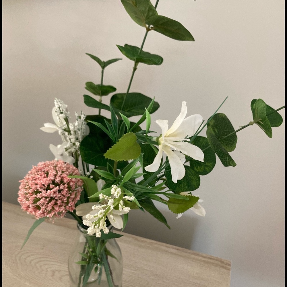 ❌SOLD Handcrafted Faux Floral Arrangement in Glass Milk Bottle Vase - Picture 3 of 5